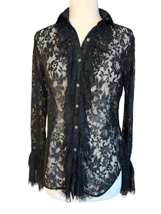 Tasha Polizzi Tops - Tasha Polizzi Estate Black Sheer Lace Blouse dramatic bell cuffs Size Small